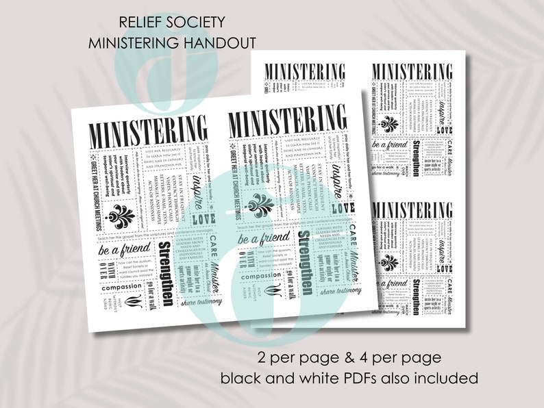 May include: Black and white printable handout with the title "Ministering" and a list of ways to minister to others. The handout includes phrases like "Greet her at church meetings", "Inspire", "Love", "Care Minister", "Be a friend", "Strengthen", and "Compassion".
