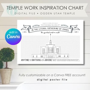 May include: A black and white printable chart with a drawing of the Ogden Utah Temple. The chart includes the text "Temple Work Inspiration Chart", "In the Literal Gathering of Israel", "The Greatest Work on Earth", "Anytime You Do Anything That Helps Anyone", and "Name of Ward or Family Invitation to Enlist".