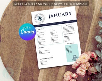 Relief Society Newsletter Template: Editable Calendar, Lesson Schedule, Birthdays (Canva Download)