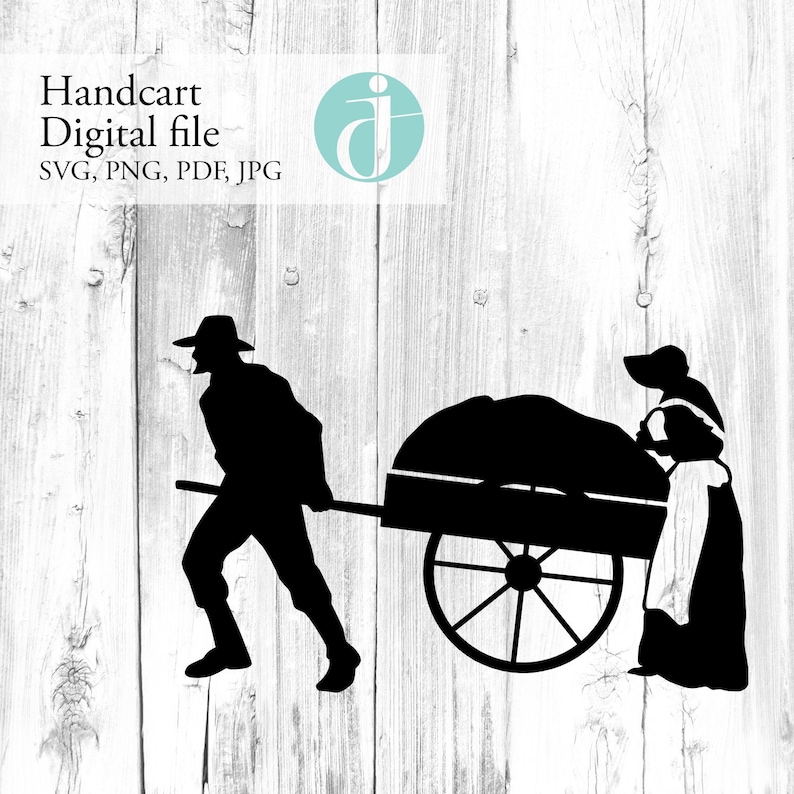 May include: Black silhouette of a person pushing a handcart with another person standing in the back. The handcart has a large, round wheel and is filled with a large, round object.