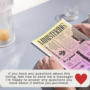 May include: A pink and yellow printable poster with the word "Ministering" at the top. The poster has a list of ways to minister to others, including "inspire", "love", "care", "strengthen", "be a friend", "watch over", and "compassion".