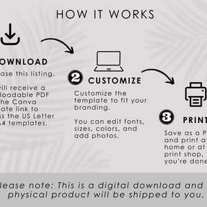 May include: A diagram showing the steps to download, customize, and print a digital template. The steps are numbered 1, 2, and 3. The text says "HOW IT WORKS", "DOWNLOAD", "CUSTOMIZE", and "PRINT".