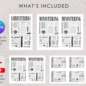 May include: A printable digital download of six black and white square images with the word "MINISTERING" in large letters at the top of each image. The images are filled with words related to the word "MINISTERING" such as "inspire", "love", "care", "strengthen", and "compassion".