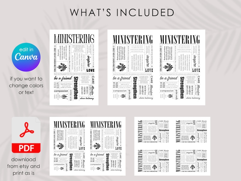 May include: A printable digital download of six black and white square images with the word "MINISTERING" in large letters at the top of each image. The images are filled with words related to the word "MINISTERING" such as "inspire", "love", "care", "strengthen", and "compassion".