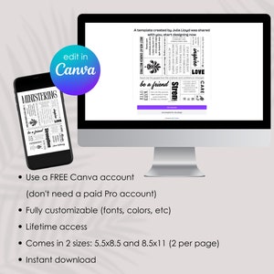 May include: A digital mockup of a computer screen and a smartphone displaying a black and white printable design with the text "Ministering" and "Stren!"  The design is customizable and can be edited in Canva. The text on the screen reads "A template created by Julia Lloyd was shared with you, start designing now."  The text on the smartphone reads "Ministering" and "Stren!"  The text below the image reads "Use a FREE Canva account (don't need a paid Pro account) Fully customizable (fonts, colors, etc) Lifetime access Comes in 2 sizes: 5.5x8.5 and 8.5x11 (2 per page) Instant download"