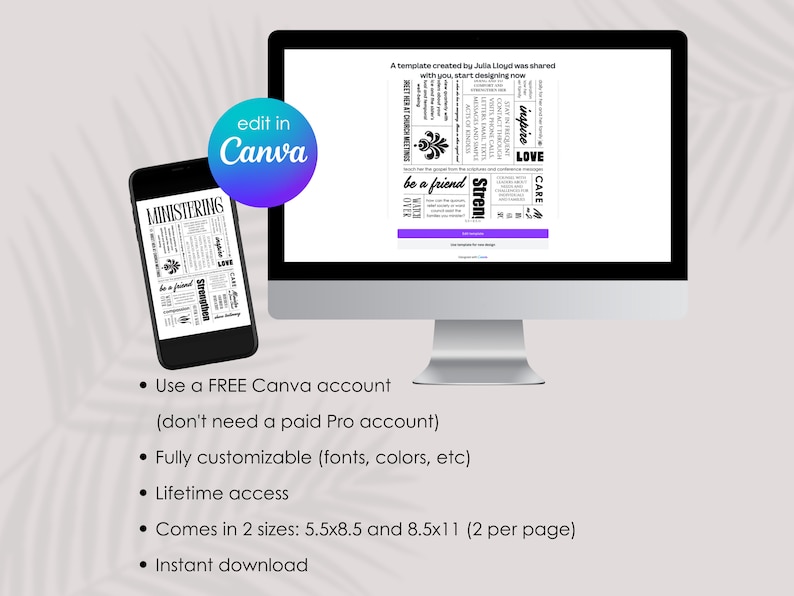 May include: A digital mockup of a computer screen and a smartphone displaying a black and white printable design with the text "Ministering" and "Stren!"  The design is customizable and can be edited in Canva. The text on the screen reads "A template created by Julia Lloyd was shared with you, start designing now."  The text on the smartphone reads "Ministering" and "Stren!"  The text below the image reads "Use a FREE Canva account (don't need a paid Pro account) Fully customizable (fonts, colors, etc) Lifetime access Comes in 2 sizes: 5.5x8.5 and 8.5x11 (2 per page) Instant download"