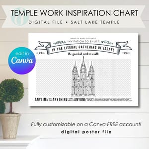 May include: A black and white printable chart featuring a drawing of the Salt Lake Temple. The chart has the text "Temple Work Inspiration Chart" at the top and "In the Literal Gathering of Israel" in a banner at the top. The chart also has the text "Anytime you do anything that helps anyone" at the bottom.