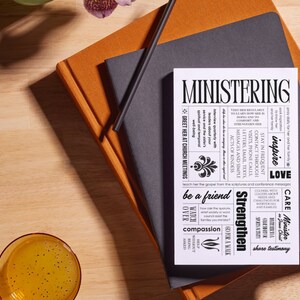 May include: A white card with black text outlining ways to minister to others. The text includes phrases like "inspire love", "strengthen", "be a friend", "watch over", "compassion", "care", and "share testimony".