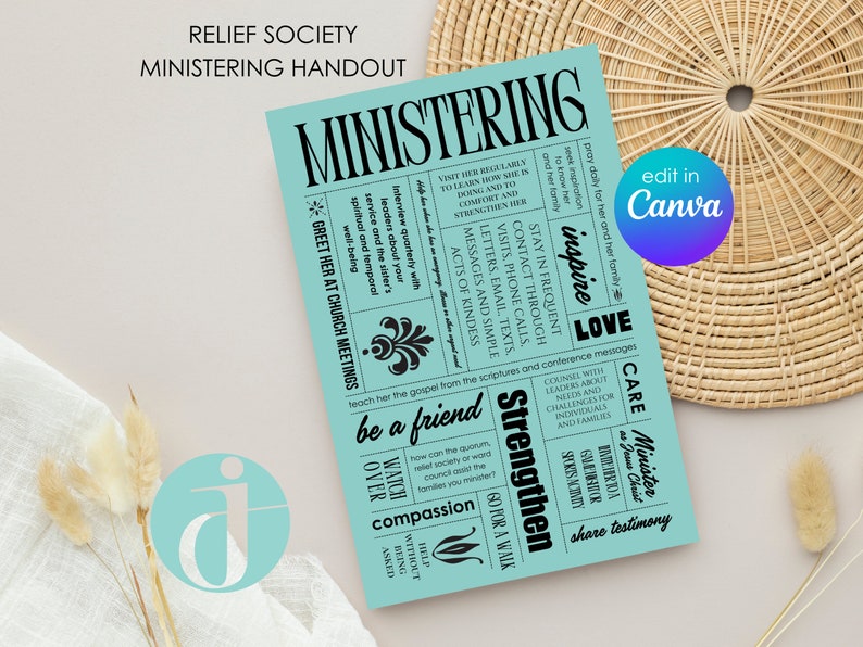 May include: A teal blue printable handout with the title "Ministering" in black text. The handout lists ways to minister to others, including visiting regularly, staying in frequent contact, and sharing testimony. The handout is designed for members of the Relief Society.