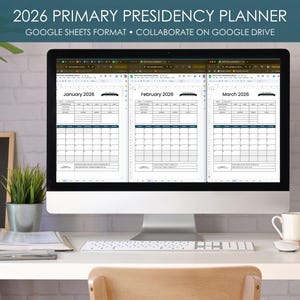 Peut inclure: Un ordinateur affiche un planificateur de présidence primaire 2026 au format Google Sheets. L'écran montre les calendriers de janvier, février et mars 2026. Le texte en haut indique "2026 PRIMARY PRESIDENCY PLANNER" et "GOOGLE SHEETS FORMAT • COLLABORATE ON GOOGLE DRIVE."