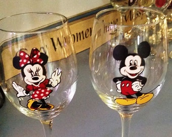 Mickey and Minnie hand painted wine glasses