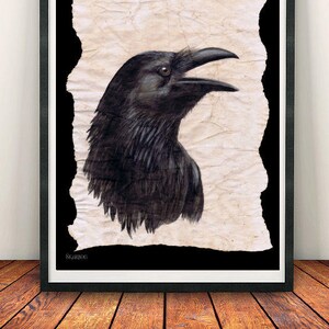 May include: A black raven with its beak open, drawn in black and grey tones on a textured, off-white paper background. The image is framed in black.