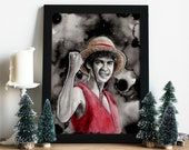 OP :  Luff y artprint / Pirate king / inked decoration , magical christmas gift for family or friends /