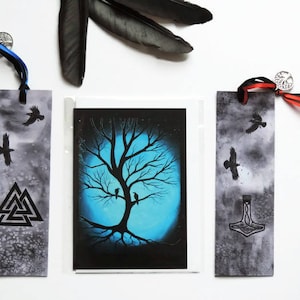 Vikings set: 2x segnalibro + 1x Card / Raven e Mjolnir Thor / Tre della vita / Ygdrassil / Valknut / Piacere di lettura e Regalo di Nizza !