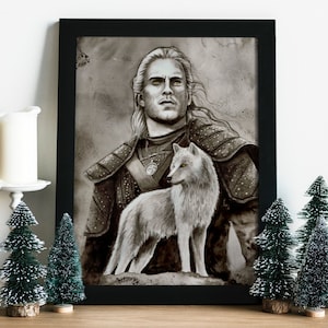 Geralt of Rivia and Roach artprint A4 - White Wolf - toss a coin to your Witcher - winter decoration - magical gift for friend geraltlover