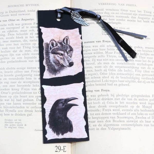 Bookmark: Raven and Wolf / Black bird / Crow / Canis Lupus / Corvus Corax / autumn reading Pleasure /  Gift for friend family or yourself