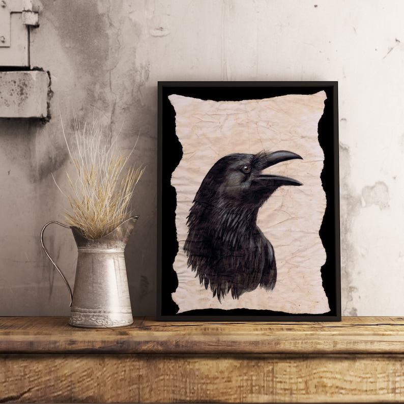 May include: A black raven with a long beak is depicted on a vintage-looking parchment paper. The raven is facing right and has a detailed, realistic appearance. The parchment paper is textured and has a slightly aged look.