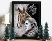 Geralt of Rivia and Roach artprint A4 - White Wolf - toss a coin to your Witcher - winter decoration - magical gift for friend geraltlover