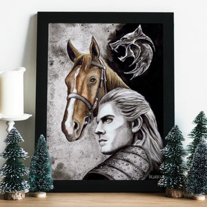 Geralt di Rivia e Roach artprint A4 - White Wolf - lancio di una moneta per il vostro Witcher - decorazione invernale - regalo magico per l'amico geraltlover
