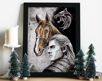 Geralt of Rivia and Roach artprint A4 - White Wolf - toss a coin to your Witcher - winter decoration - magical gift for friend geraltlover
