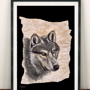 May include: A black and white drawing of a wolf's head on a textured, beige paper background. The wolf has a grey fur coat and bright yellow eyes. The drawing is framed in a black frame.