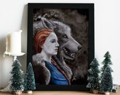 Artprint Redhaired Lady wolf / magical christmas yule decoration for family/ friends