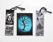 Vikings set : 2 bookmarks + 1 Card / Raven and Mjolnir Thor / Three of life/ Ygdrassil/  Valknut / Floki Reading pleasure and Nice Gift !