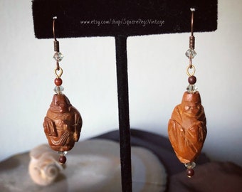 Vintage Buddha Carved Peach Pit Pierced Earrings with Swarovski Crystal Repurposed Upcycled Handmade Design