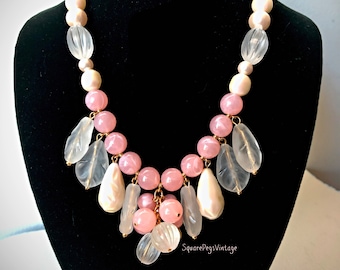 Vintage RICHELIEU Necklace Pink Lucite Beads Original Tag Mixed Bead Cluster Centerpiece