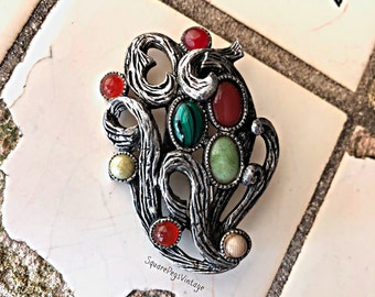 Vintage MIRACLE Brooch Pin Earthtones Floral Silver Tone Celtic *Uncommon Design