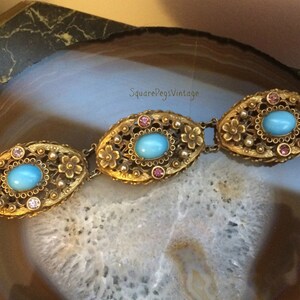 Art Nouveau Floral Link Bracelet With Light Blue Cabochons Pearls & Purple Rhinestones Statement Piece image 2