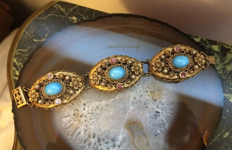 Art Nouveau Floral Link Bracelet With Light Blue Cabochons Pearls & Purple Rhinestones Statement Piece image 2