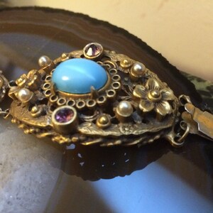 Art Nouveau Floral Link Bracelet With Light Blue Cabochons Pearls & Purple Rhinestones Statement Piece image 4