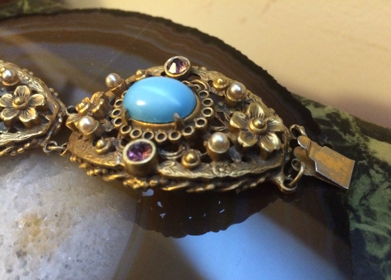 Art Nouveau Floral Link Bracelet With Light Blue Cabochons Pearls & Purple Rhinestones Statement Piece image 4