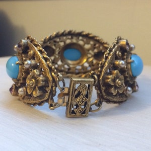 Art Nouveau Floral Link Bracelet With Light Blue Cabochons Pearls & Purple Rhinestones Statement Piece image 6