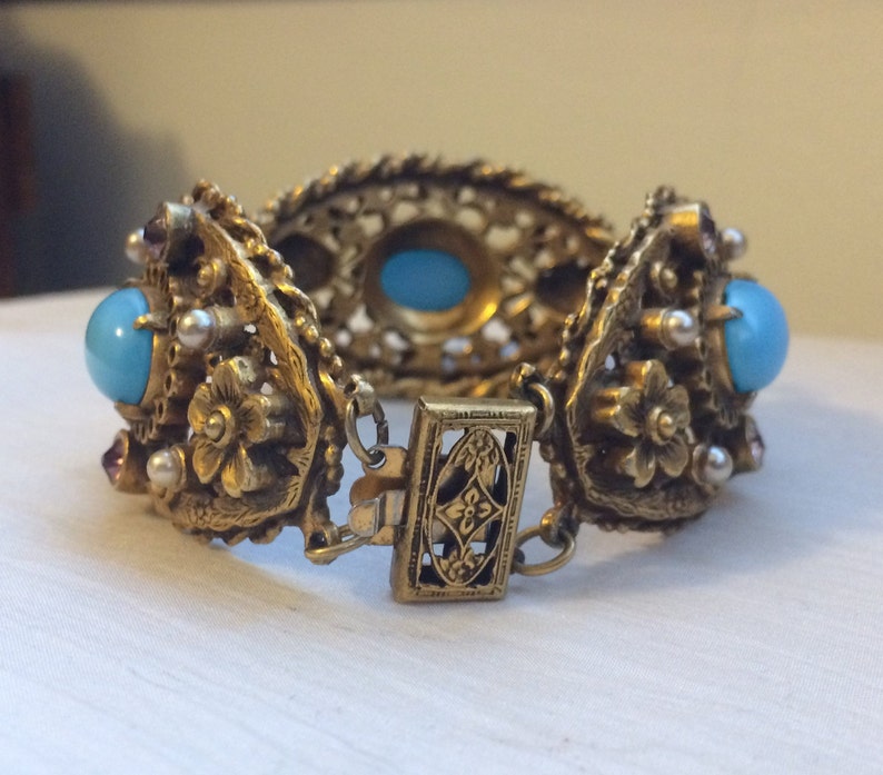 Art Nouveau Floral Link Bracelet With Light Blue Cabochons Pearls & Purple Rhinestones Statement Piece image 6