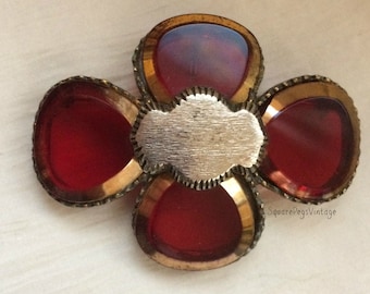 Vintage VANS AUTHENTICS Glass Brooch Pin Pendant Rare Ruby Red Flower Numbered 3270