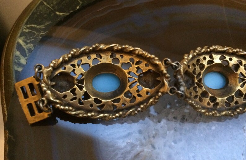 Art Nouveau Floral Link Bracelet With Light Blue Cabochons Pearls & Purple Rhinestones Statement Piece image 5