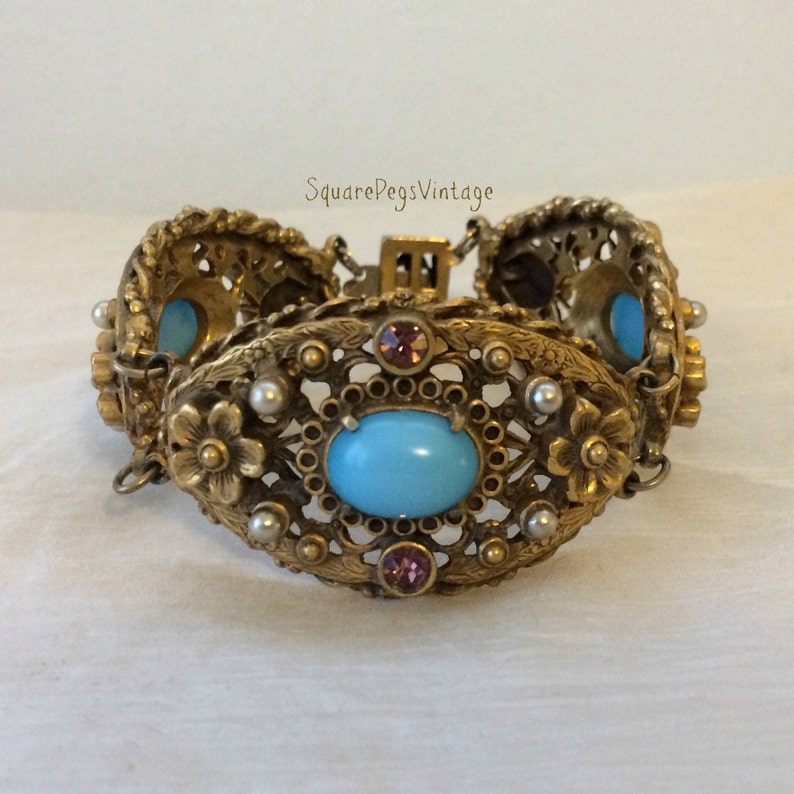 Art Nouveau Floral Link Bracelet With Light Blue Cabochons Pearls & Purple Rhinestones Statement Piece image 1