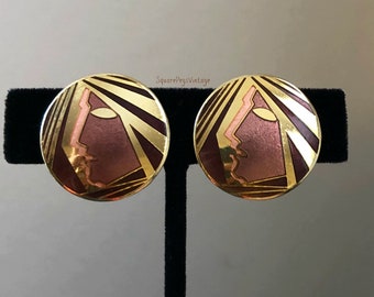 Mod Enamel Faces Clip on Earrings Earthtones & Gold Art Deco Inspired Pop Art Ladies Profile