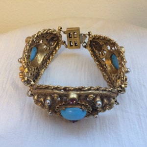 Art Nouveau Floral Link Bracelet With Light Blue Cabochons Pearls & Purple Rhinestones Statement Piece image 7