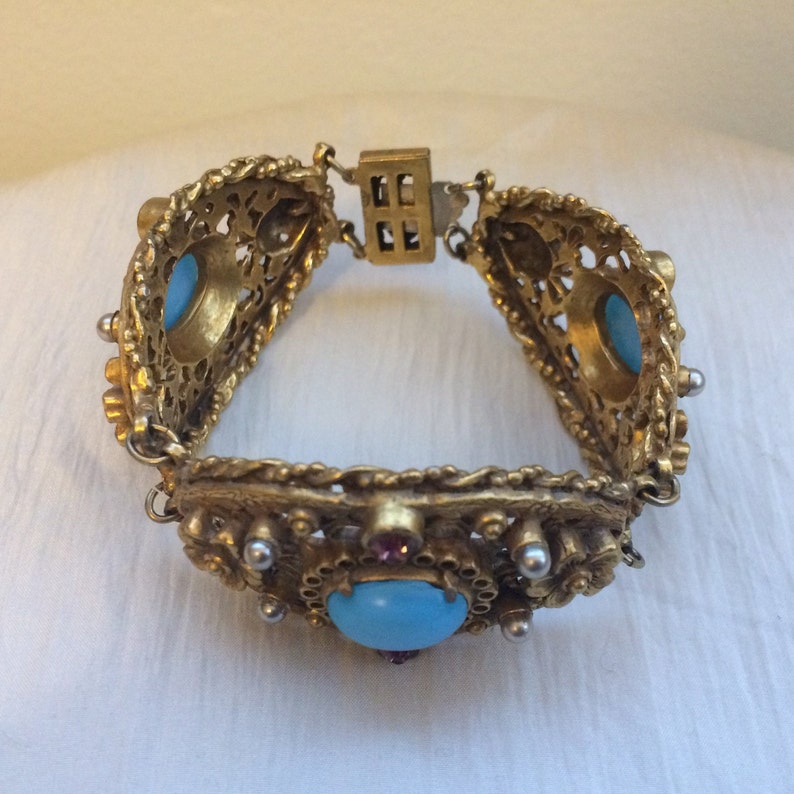 Art Nouveau Floral Link Bracelet With Light Blue Cabochons Pearls & Purple Rhinestones Statement Piece image 7