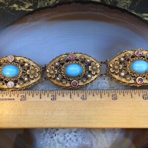 Art Nouveau Floral Link Bracelet With Light Blue Cabochons Pearls & Purple Rhinestones Statement Piece image 10