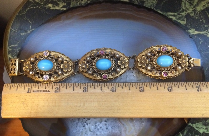 Art Nouveau Floral Link Bracelet With Light Blue Cabochons Pearls & Purple Rhinestones Statement Piece image 10