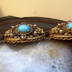 Art Nouveau Floral Link Bracelet With Light Blue Cabochons Pearls & Purple Rhinestones Statement Piece image 9