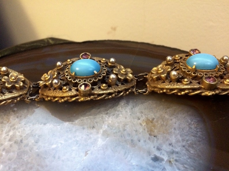 Art Nouveau Floral Link Bracelet With Light Blue Cabochons Pearls & Purple Rhinestones Statement Piece image 9