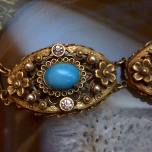 Art Nouveau Floral Link Bracelet With Light Blue Cabochons Pearls & Purple Rhinestones Statement Piece image 3