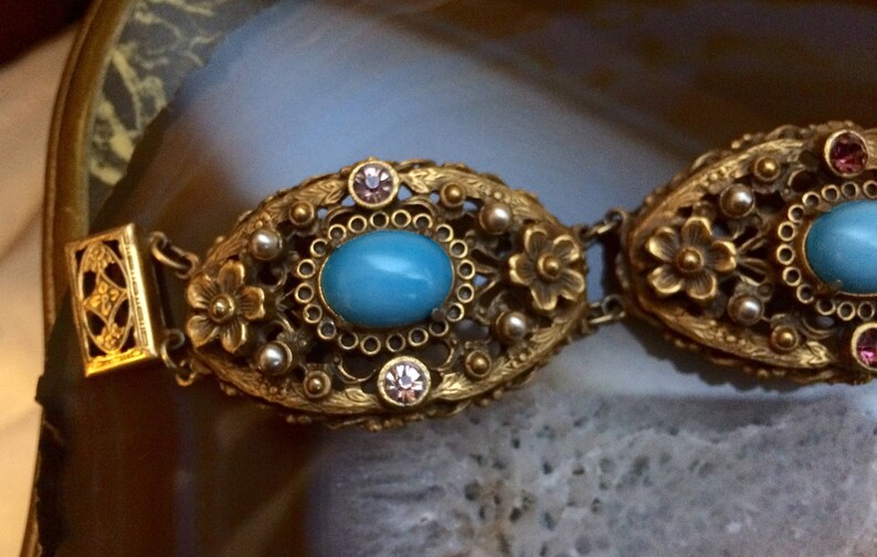 Art Nouveau Floral Link Bracelet With Light Blue Cabochons Pearls & Purple Rhinestones Statement Piece image 3