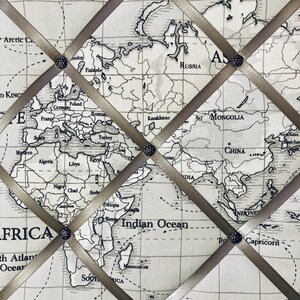 Atlas fabric notice board, jewellery hanger, pin board, memo board, rosette display board - Fryetts world map fabric - grey ribbon. image 1