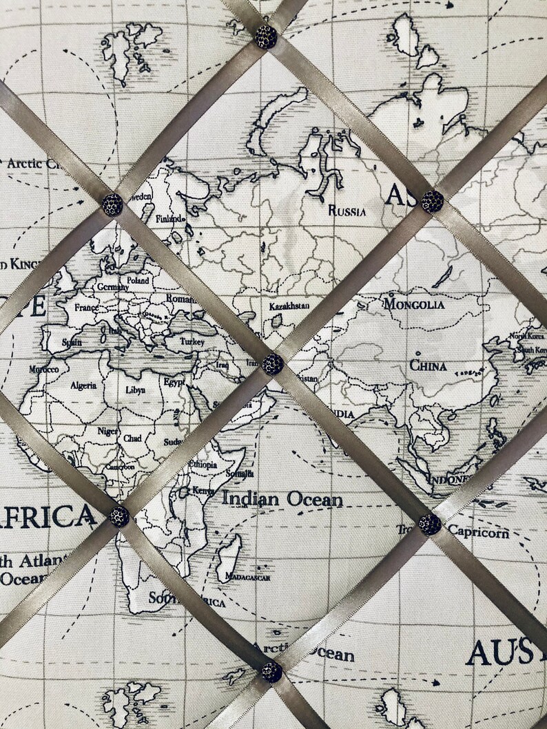 Atlas fabric notice board, jewellery hanger, pin board, memo board, rosette display board - Fryetts world map fabric - grey ribbon. image 1